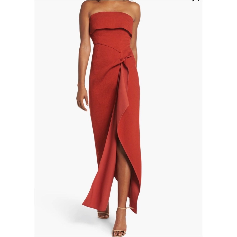 C/MEO COLLECTIVE Fluidity Burnt Orange Ribbed Strapless Special Occasion Dress L